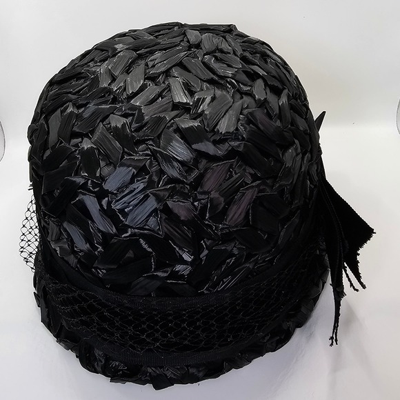 Vintage 60s Black Raffia Pillbox Hat ILGWU Jackie O Mod Cocktail‎ Mad Men main image 7